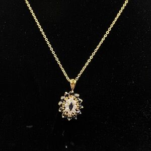 925 Sterling Silver Gold Plated Dark Blue Sapphire & Diamond Cluster Necklace